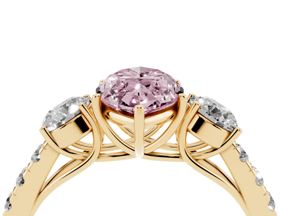 Fancy Pink Marquise Cut Cut Diamond Three-Stone Ring with Round Side Stones and Pavé Band Yellow gold