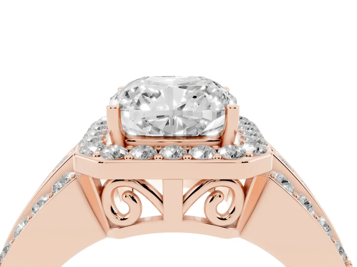 0.5 Carat Cushion Cut Halo Ring with Round Split Shank and Prong Setting Rose gold