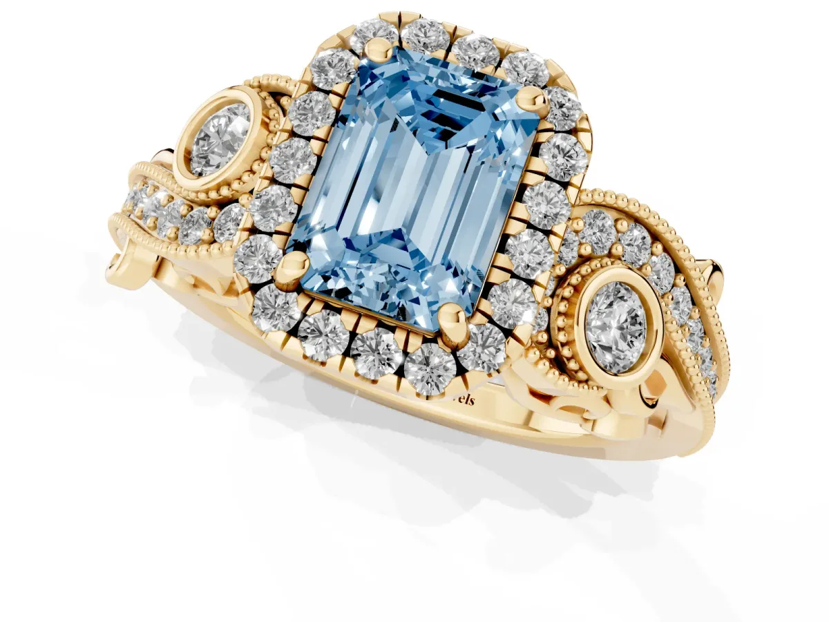 Fancy Blue Emerald Cut Diamond Halo Ring with Milgrain Pavé Band and Four-Prong Setting Yellow gold