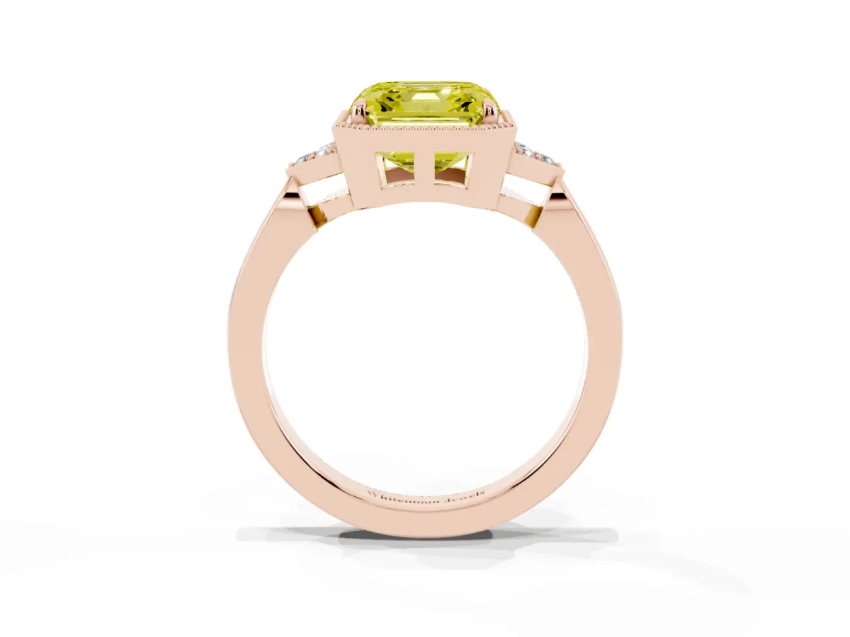 Fancy Yellow Hexagonal Halo Asscher Cut Diamond Solitaire with Pavé Band and Four-Prong Setting Rose gold