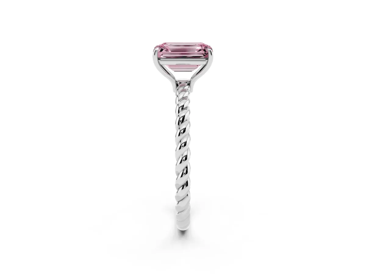 Fancy Pink Emerald Cut Solitaire Twist Band Ring with Four-Prong Setting Platinum
