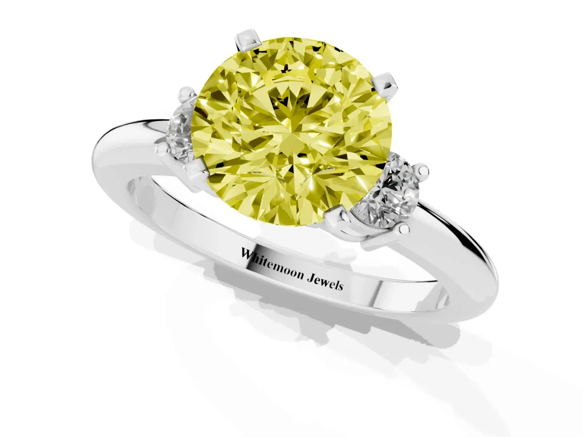 Fancy Yellow Three-Stone Round Cut Cut Diamond Solitaire with Prong Setting and Classic Band Silver
