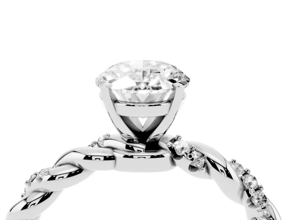 Oval Cut Diamond Solitaire Ring with Twisted Band and Pavé Accents White gold