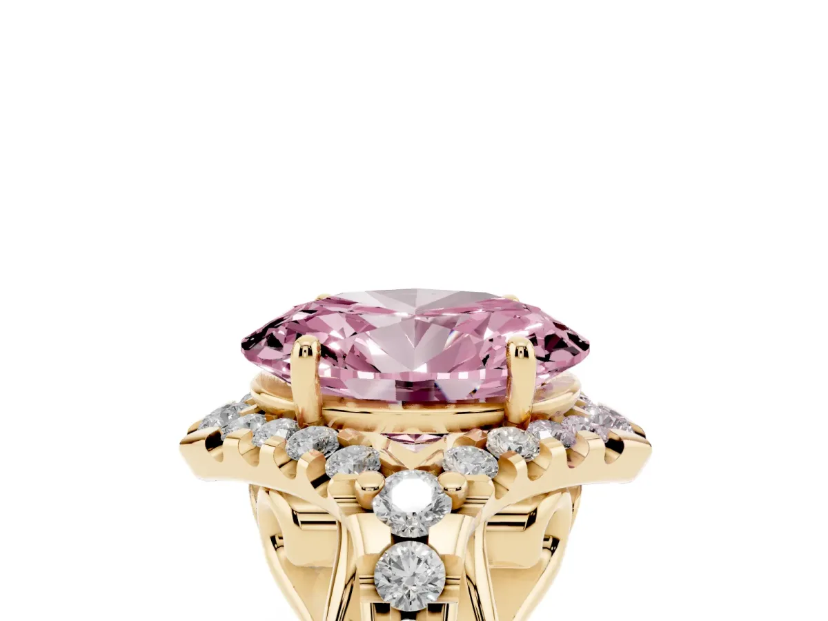 Fancy Pink Oval Cut Diamond Solitaire Ring with Hidden Halo and Pavé Band Yellow gold