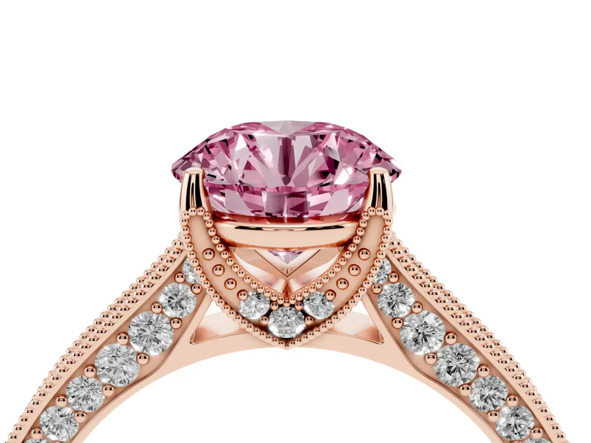 Fancy Pink Round Cut Cut Diamond Solitaire Ring with Milgrain Pave Band and Four Prong Setting Rose gold