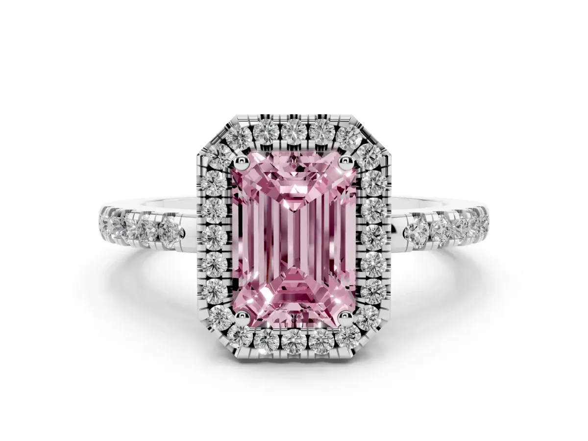 Fancy Pink Emerald Cut Halo Diamond Engagement Ring with Pavé Band and Four-Prong Setting Silver