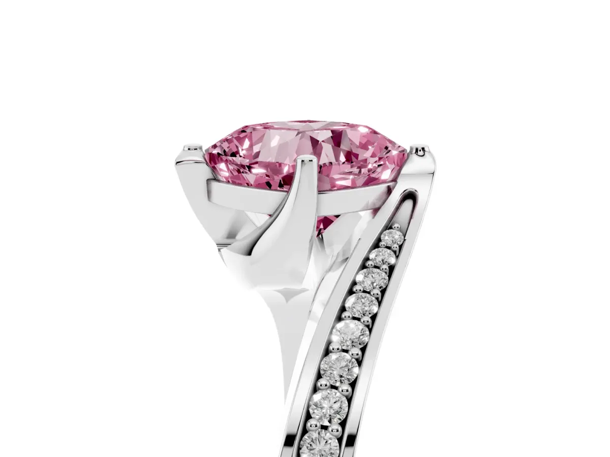 Fancy Pink Cushion Cut Solitaire Diamond Twist Band with Pavé Setting and Four-Prong Setting Silver