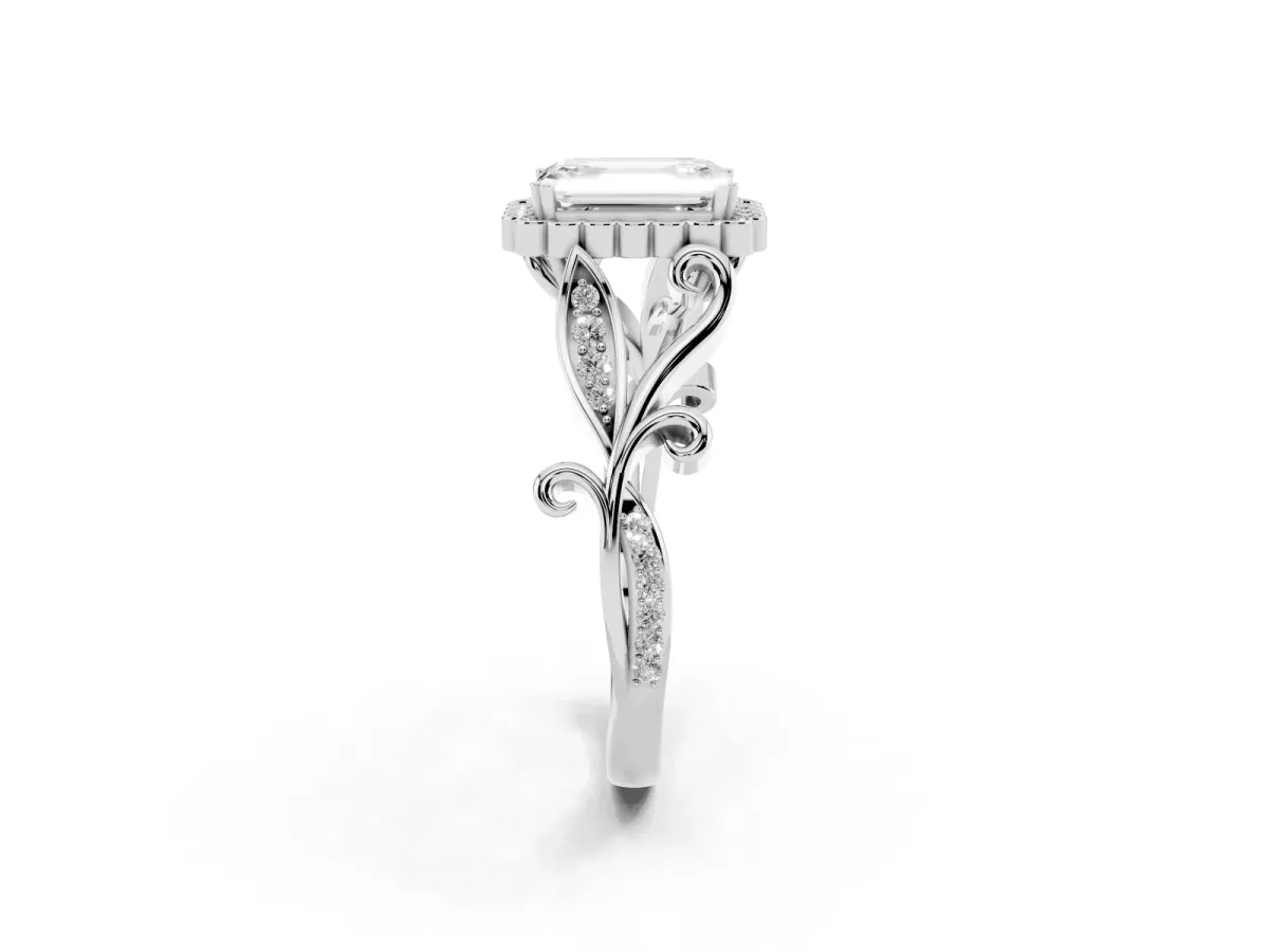 Emerald Cut Diamond Halo Ring with Vintage Split Shank and Four-Prong Setting Silver