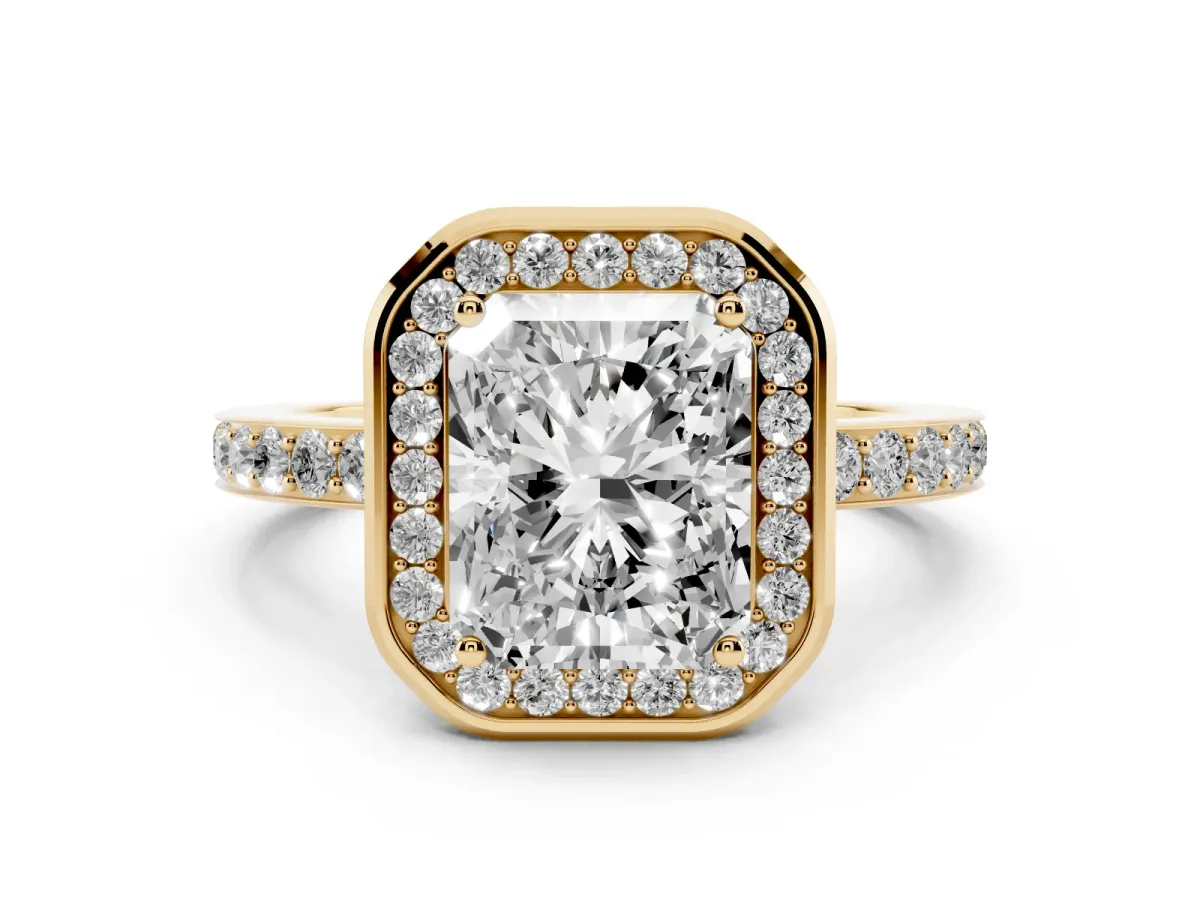 Radiant Cut Diamond Halo Ring with Bezel Frame and Pavé Band Yellow gold