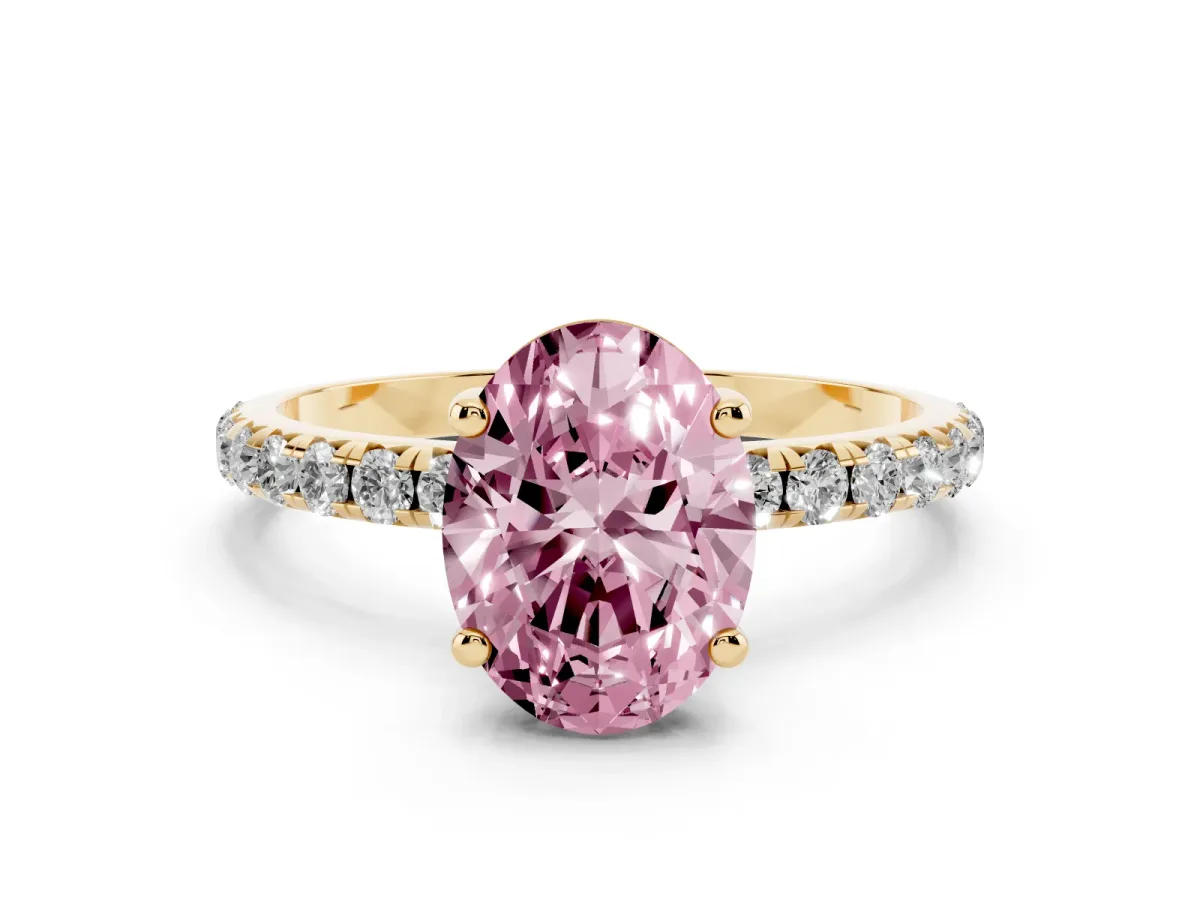 Fancy Pink Oval Cut Cut Diamond Solitaire Ring with Micro Pave Band and Four Prong Setting Yellow gold