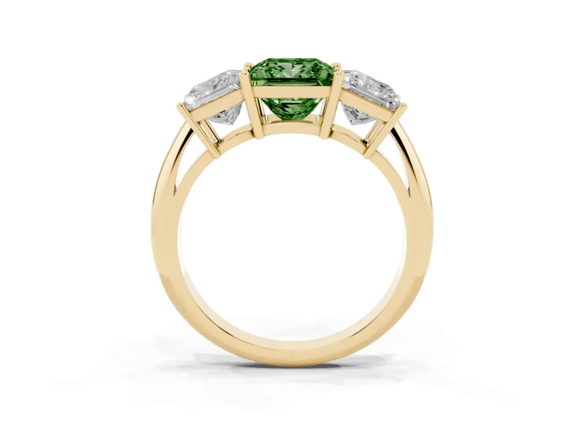 Fancy Green Three-Stone Princess Cut Cut Diamond Engagement Ring with Prong Setting on a White Gold Band Yellow gold