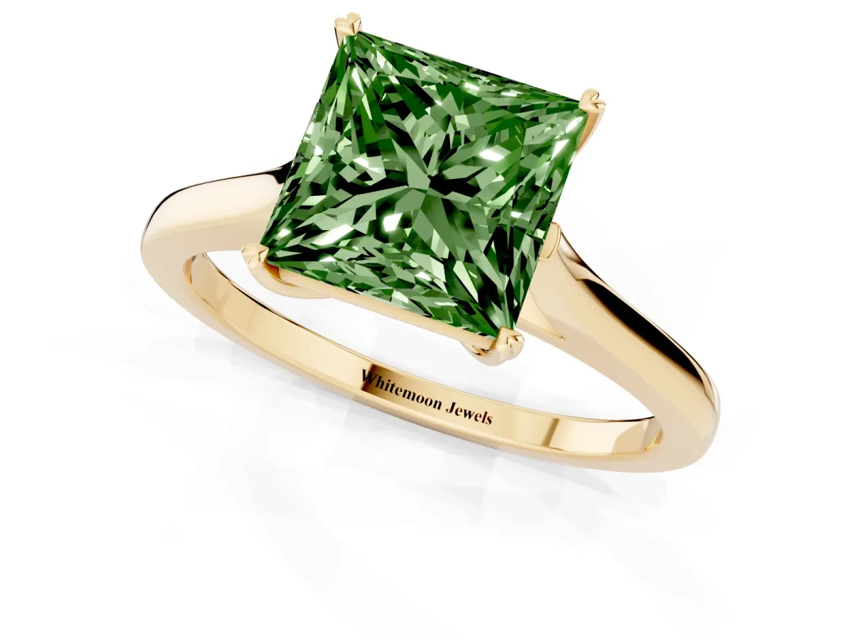 Fancy Green Princess Cut Solitaire Heart Prong Engagement Ring with Tapered Band Yellow gold