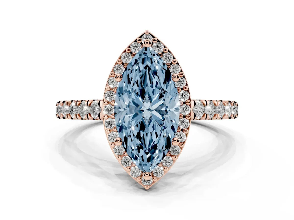 Fancy Blue Marquise Cut Cut Halo Diamond Engagement Ring with Pave Band and Four-Prong Setting Rose gold