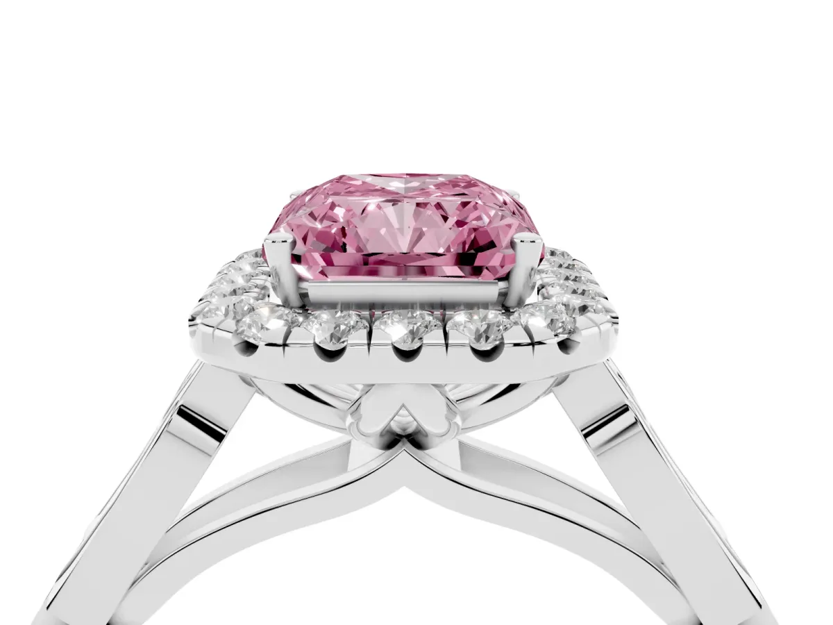 Fancy Pink Radiant Cut Halo Diamond Engagement Ring with Filigree Band and Four-Prong Setting Platinum