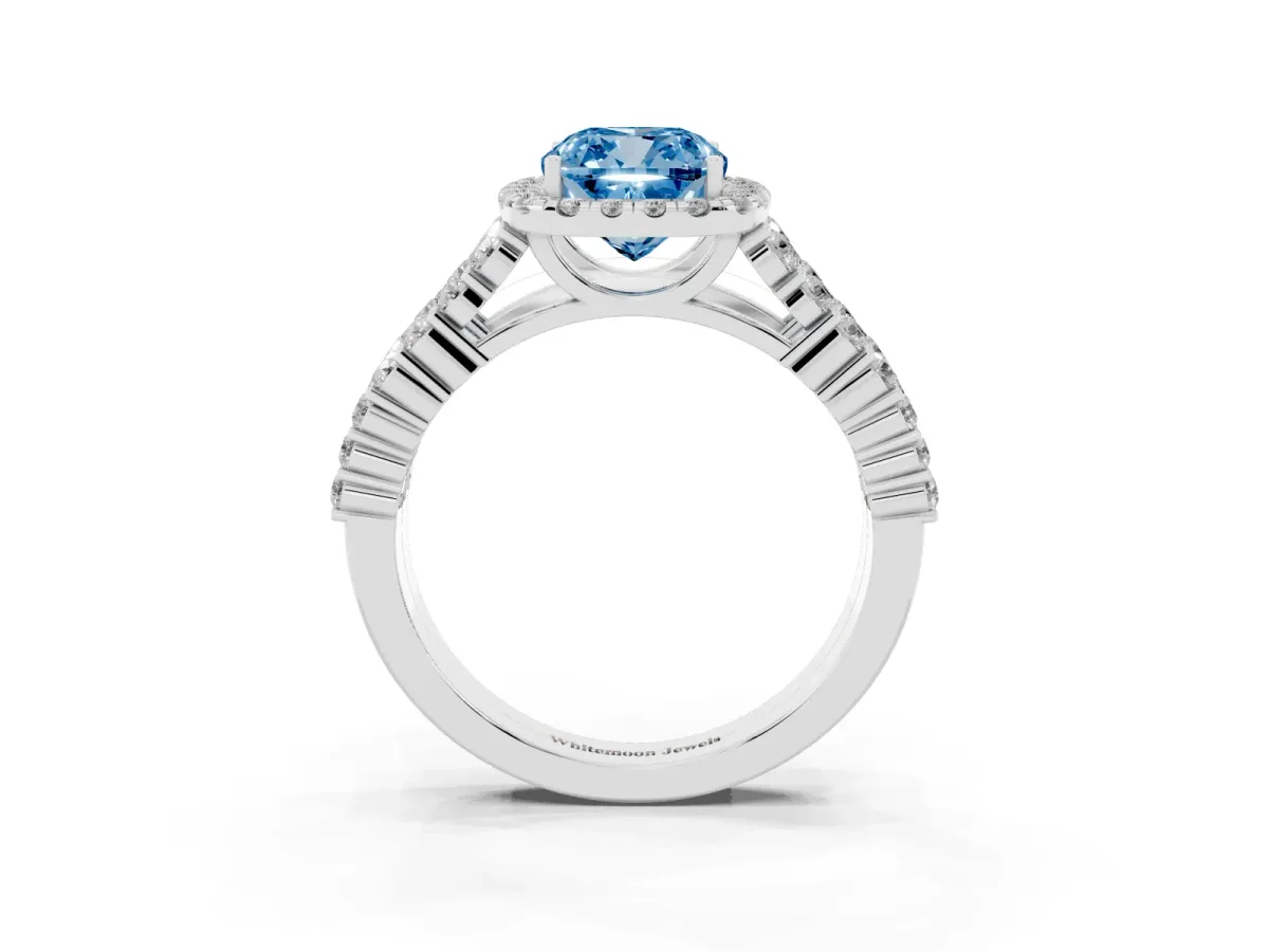 Fancy Blue Cushion Cut Diamond Halo Engagement Ring with Triple Row Round Pavé Band and Prong Setting Silver