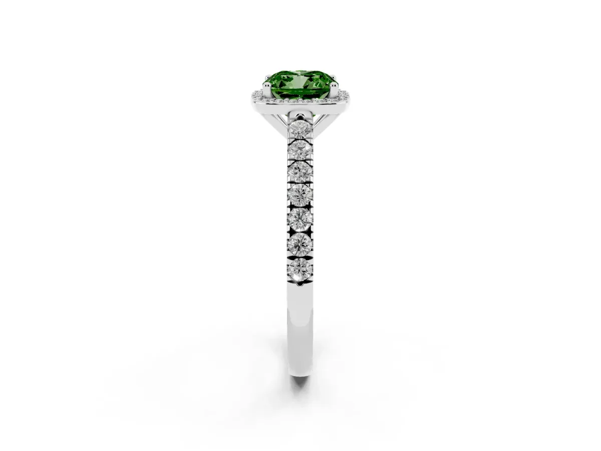 Fancy Green Cushion Cut Cut Halo Diamond Engagement Ring with Pave Band and Four-Prong Setting White gold