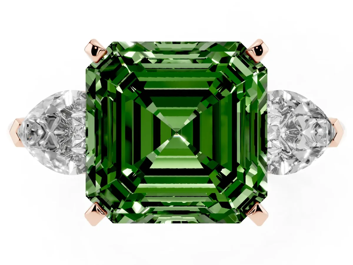 Fancy Green Three-Stone Asscher Cut Diamond Ring with Pear Side Stones and Four-Prong Setting Rose gold