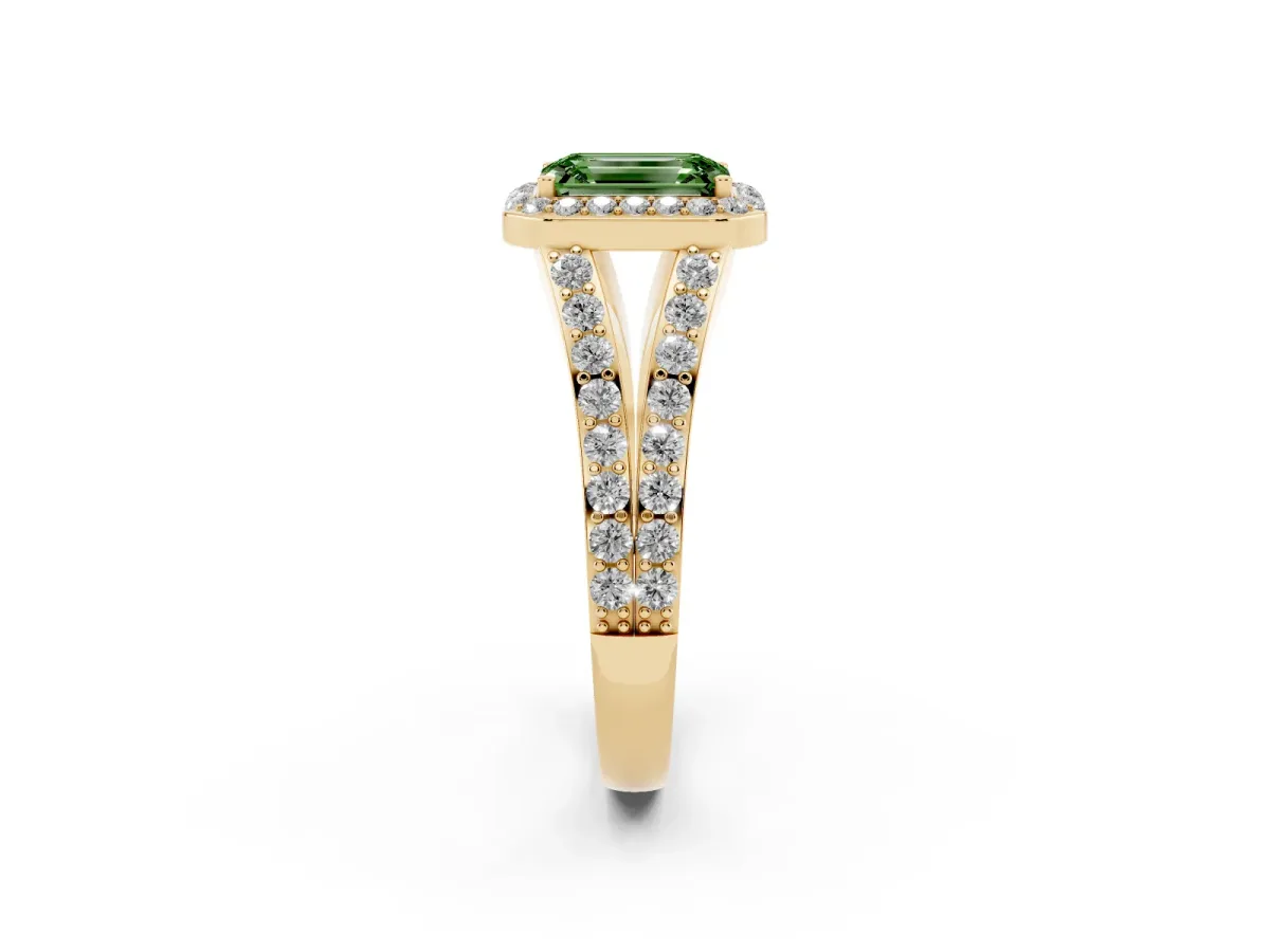Fancy Green Emerald Cut Diamond Split Shank Halo Ring with Four-Prong Setting Yellow gold