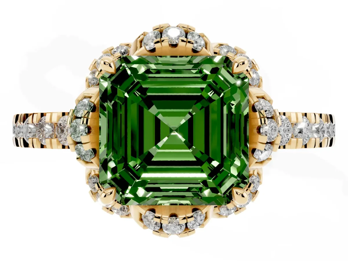 Fancy Green Asscher Cut Diamond Halo Pave Band with Four-Prong Setting Yellow gold