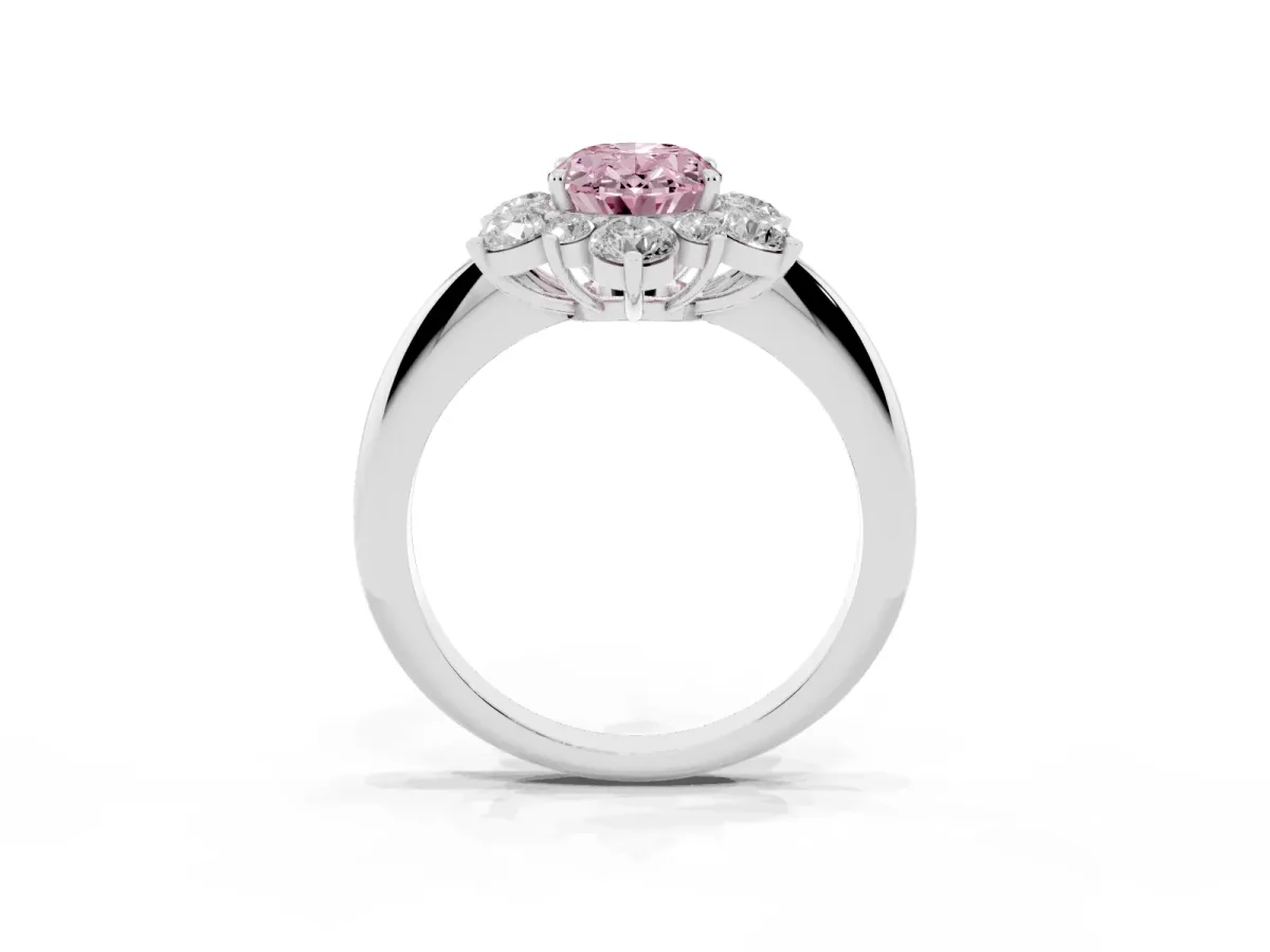 Fancy Pink Oval Cut Diamond Cluster Halo Ring with Solitaire Band and Four-Prong Setting Silver