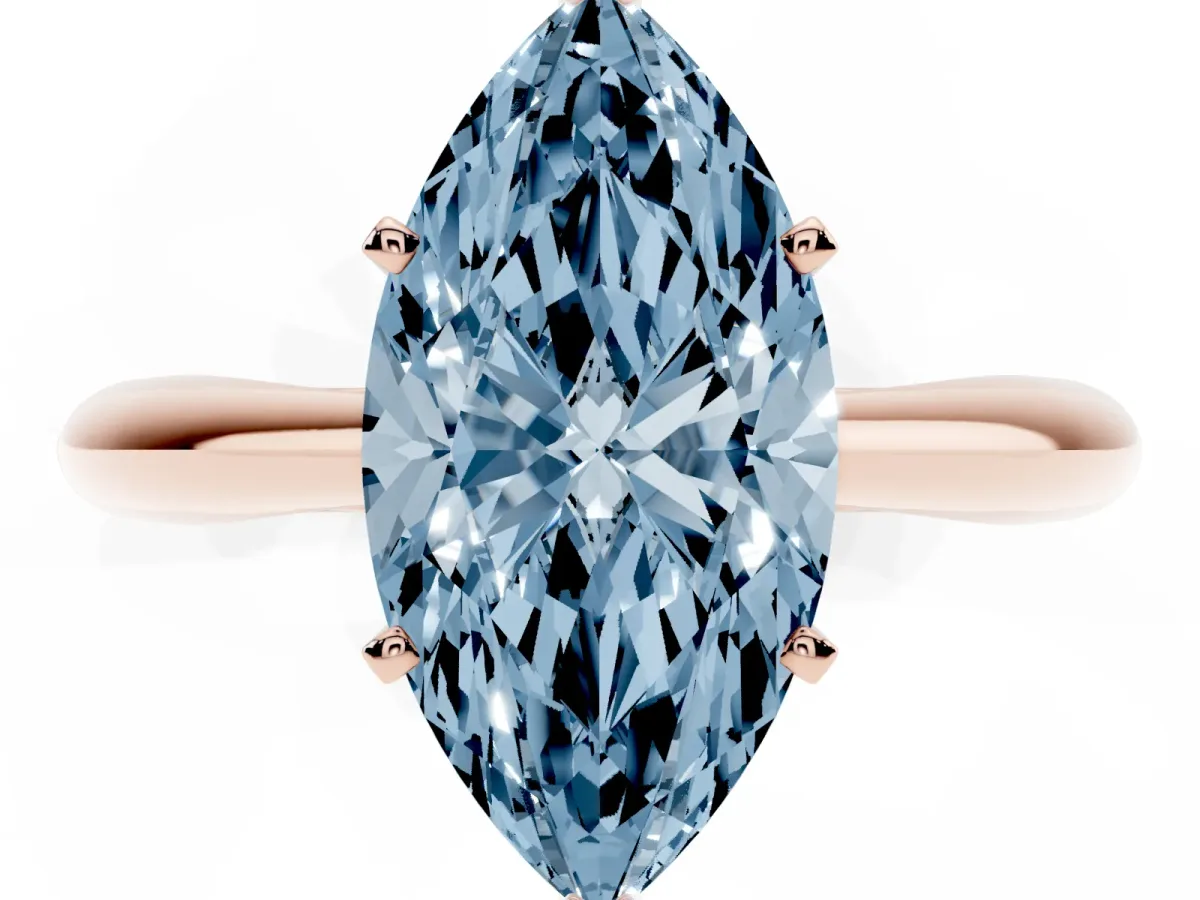 Fancy Blue Marquise Cut Diamond Solitaire Engagement Ring with Cathedral Setting and Four-Prong Mount Rose gold