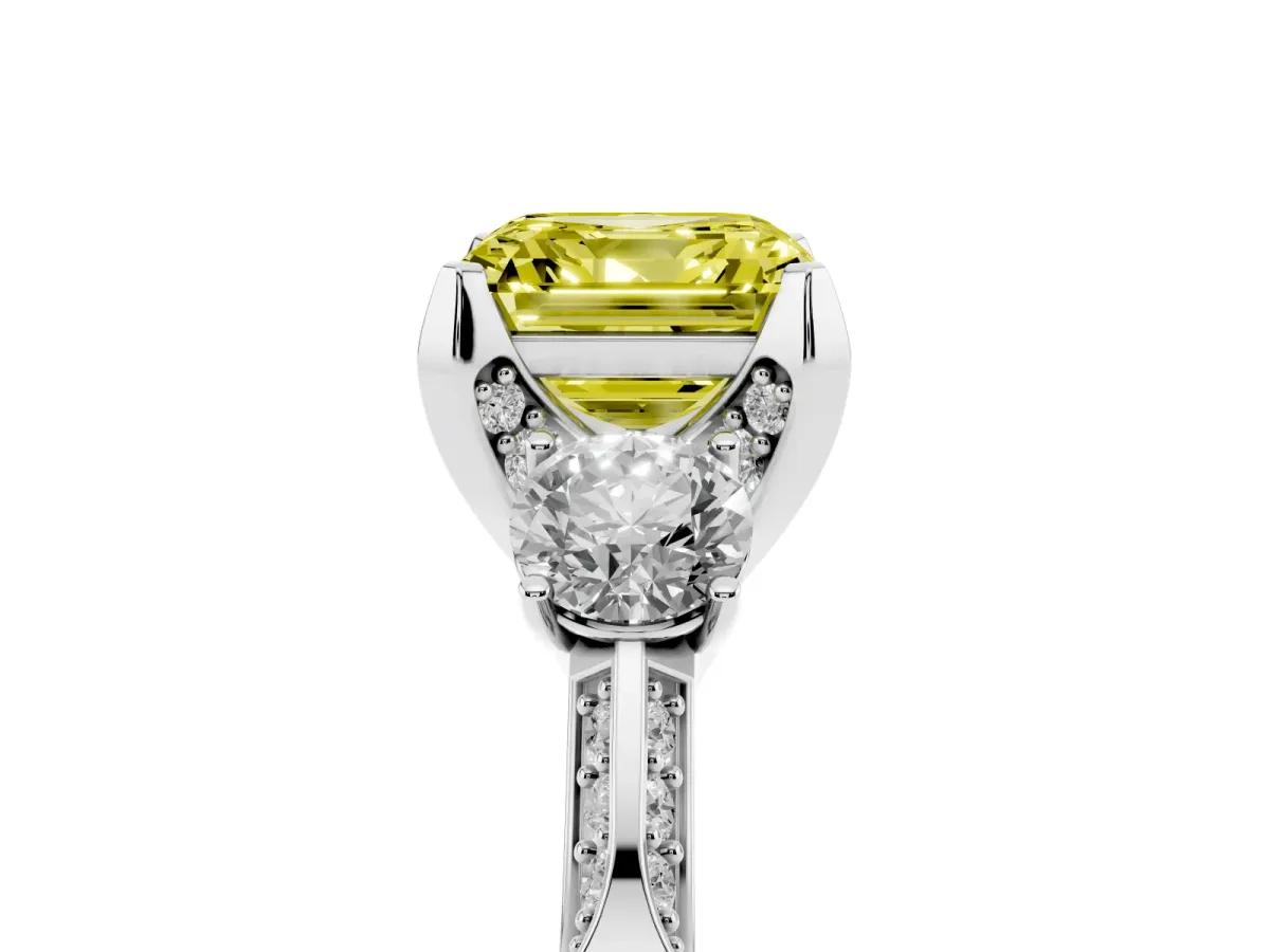 Fancy Yellow Asscher Cut Brilliant Three-Stone Diamond Ring with Pavé Band and Four-Prong Setting White gold