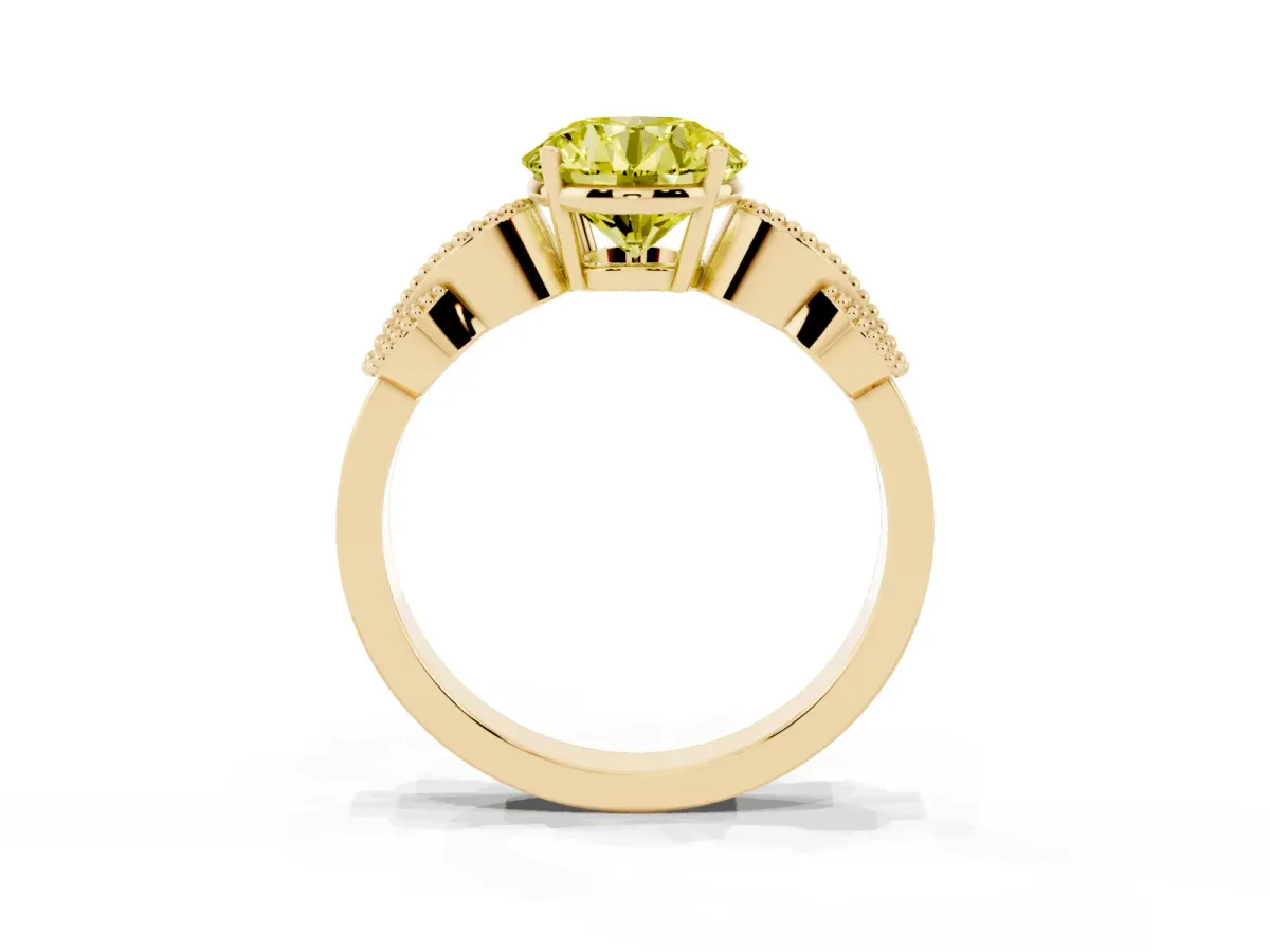 Fancy Yellow Round Cut Solitaire Milgrain Leaf Band with Prong Setting Yellow gold