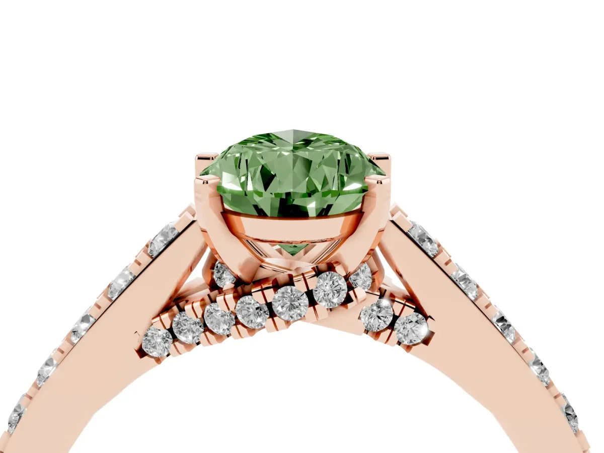 Fancy Green Pear Cut Diamond Solitaire Ring with Crossover Gallery and Round Pavé Band Rose gold