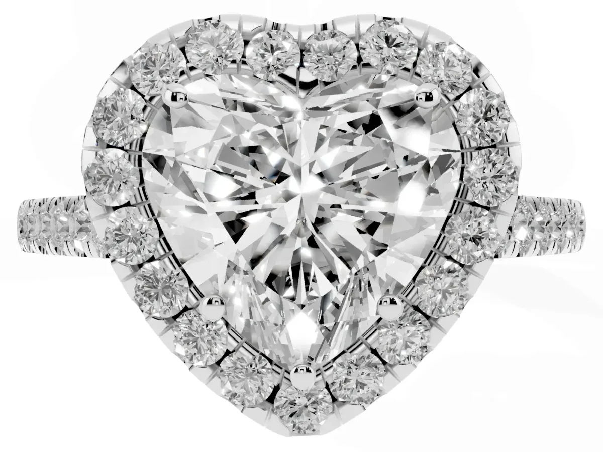 Heart Cut Halo Pave Diamond Engagement Ring with Four-Prong Setting Silver