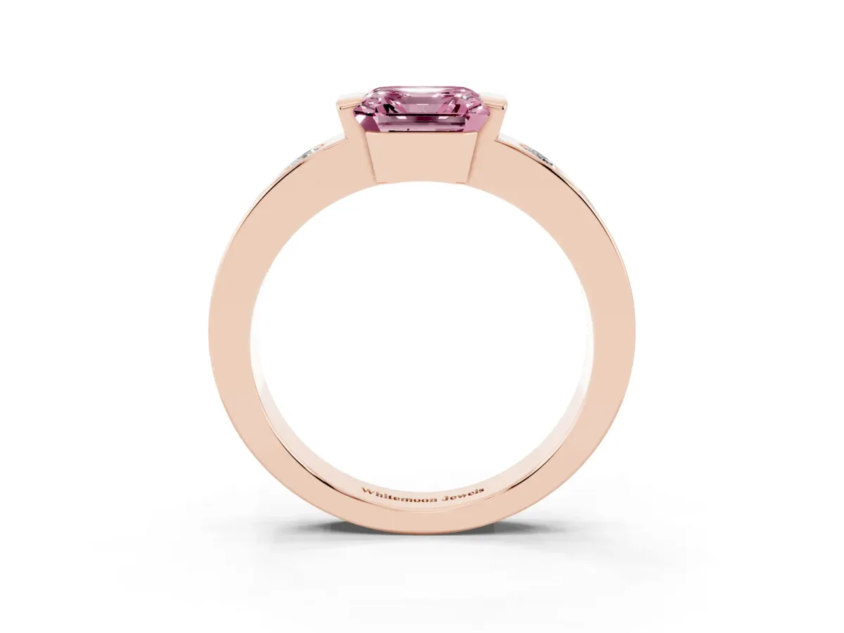Fancy Pink Asscher Cut Brilliant Channel-Set Diamond Ring with Bezel Prong Setting Rose gold