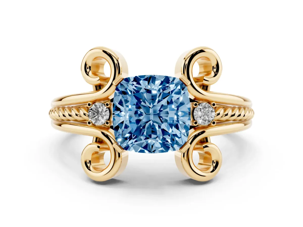 Fancy Blue Cushion Cut Solitaire Twisted Band Scroll Prong Ring Yellow gold