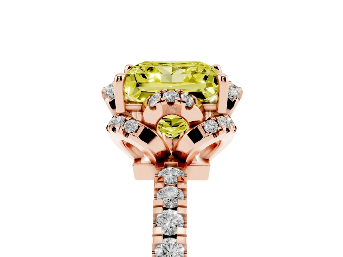 Fancy Yellow Princess Cut Halo Diamond Pave Band Ring with Four-Prong Setting Rose gold