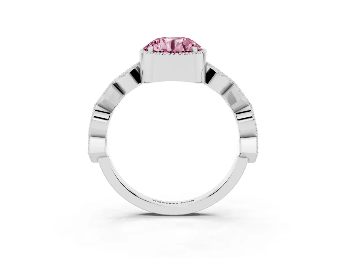 Fancy Pink Round Cut Milgrain Marquise Diamond Twist Band Ring Silver