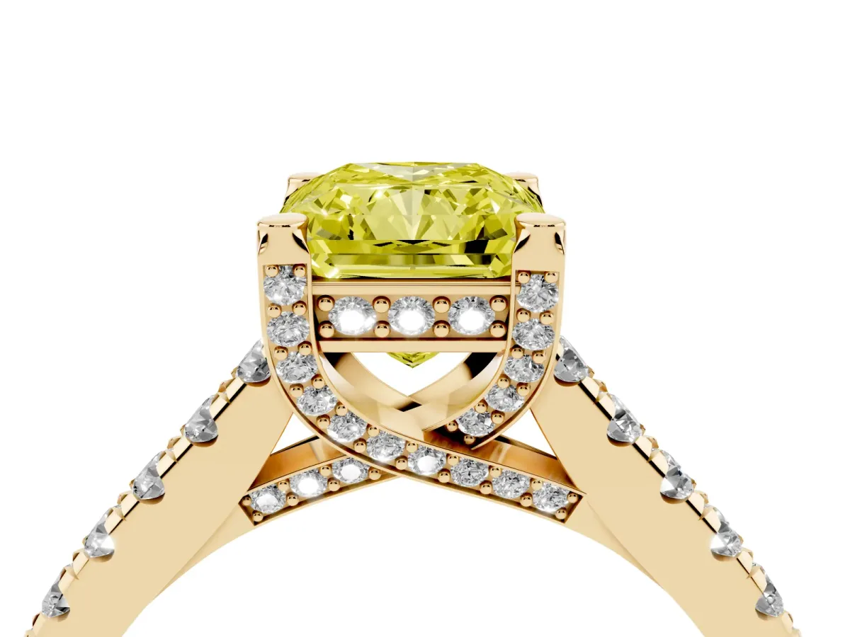 Fancy Yellow Radiant Cut Brilliant Diamond Solitaire with Pavé Band and Four-Prong Setting Yellow gold