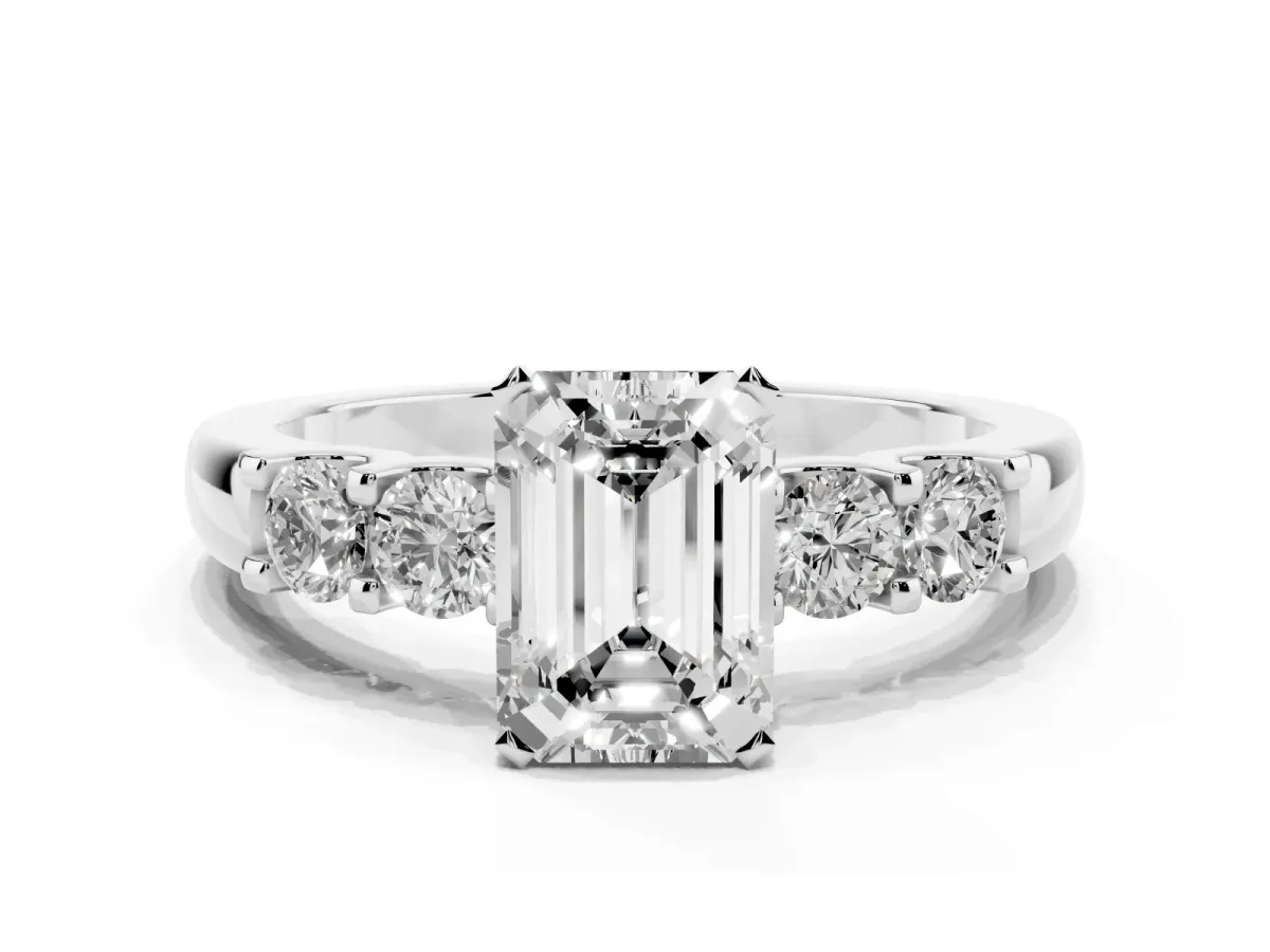 Emerald Cut Brilliant Cut Diamond Five-Stone Prong Set Engagement Ring with Channel Band Silver