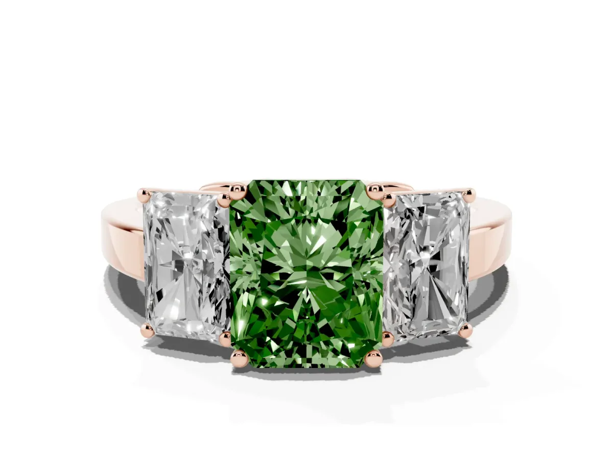 Fancy Green Three-Stone Radiant Cut Cut Diamond Engagement Ring with Flat Band and Four-Prong Setting Rose gold