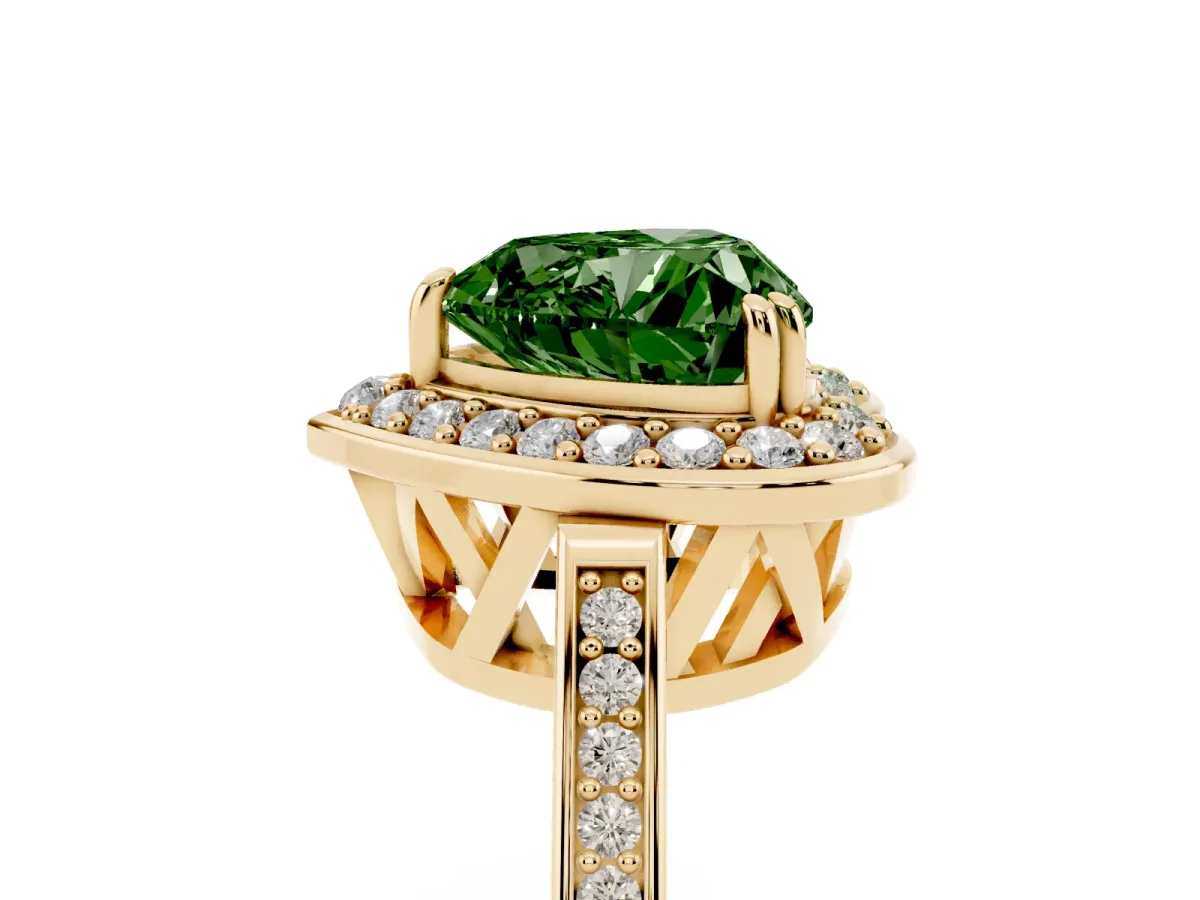 Fancy Green Heart Cut Diamond Halo Ring with Split Shank and Four-Prong Setting Yellow gold