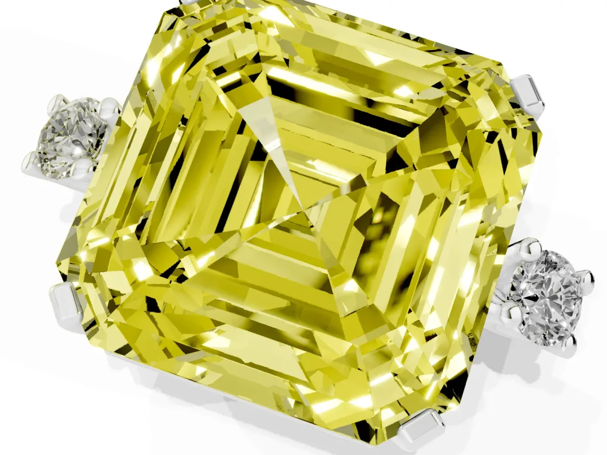 Fancy Yellow Asscher Cut Cut Three-Stone Solitaire Ring with Round Accent Diamonds and Four-Prong Setting Silver