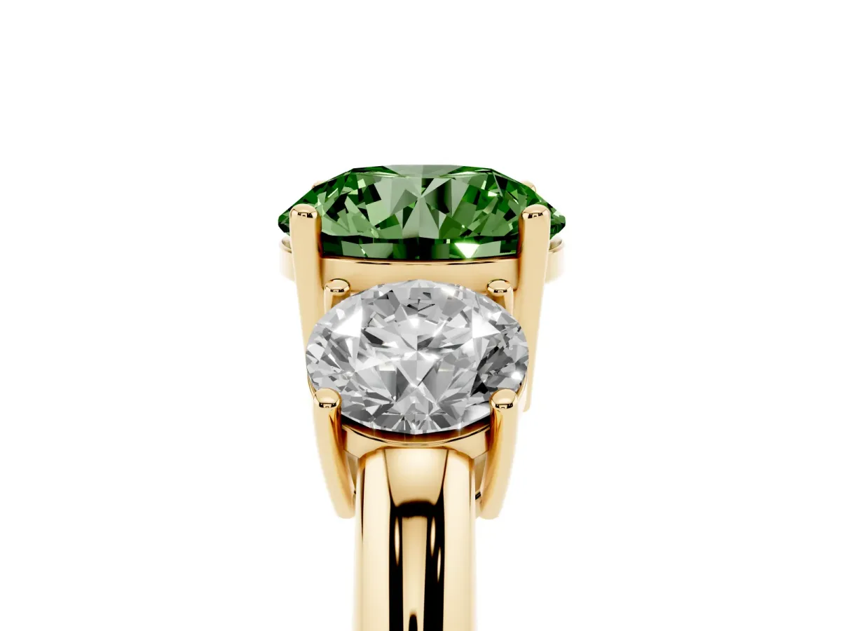 Fancy Green Three-Stone Round Cut Cut Diamond Engagement Ring with Prong Setting on a White Gold Band Yellow gold