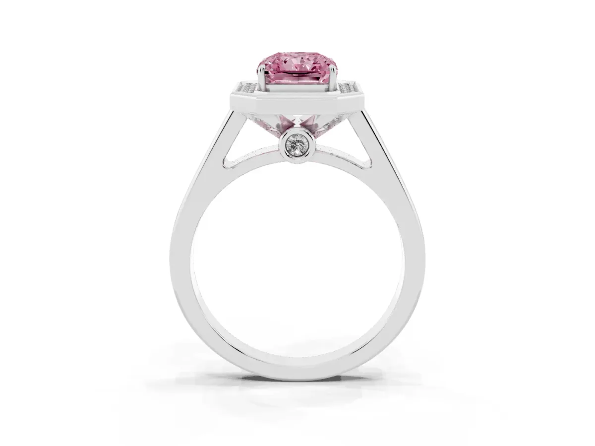 Fancy Pink Emerald Cut Halo Solitaire Diamond Ring with Pave Band and Bezel Setting Silver