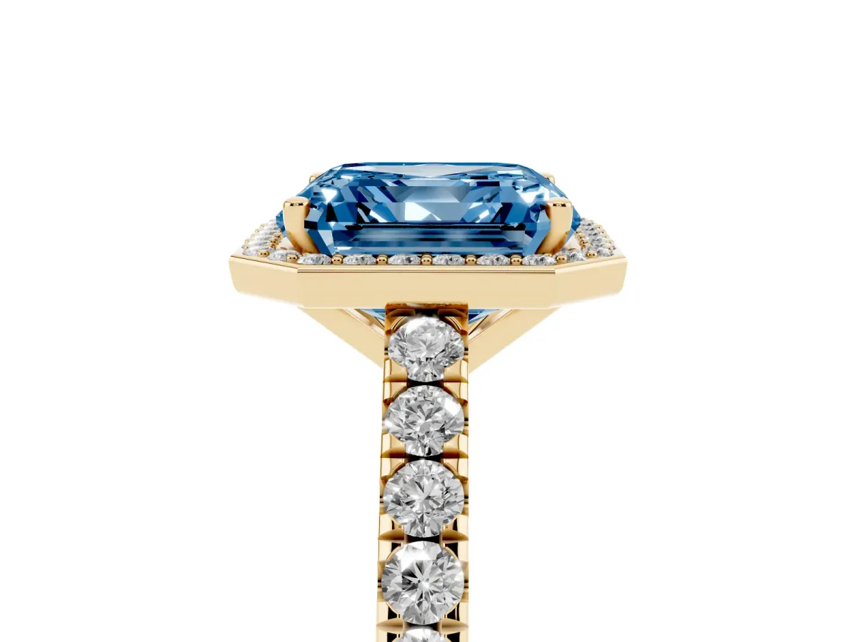 Fancy Blue Asscher Cut Cut Halo Diamond Engagement Ring with Pave Band and Four-Prong Setting Yellow gold