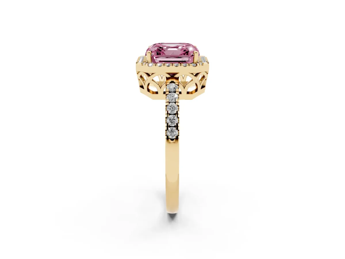 Fancy Pink Asscher Cut Halo Diamond Engagement Ring with Pavé Band and Four-Prong Setting Yellow gold