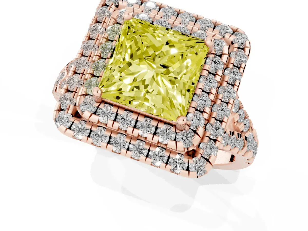 Fancy Yellow Double Halo Princess Cut Diamond Pavé Split Shank Ring with Prong Setting Rose gold