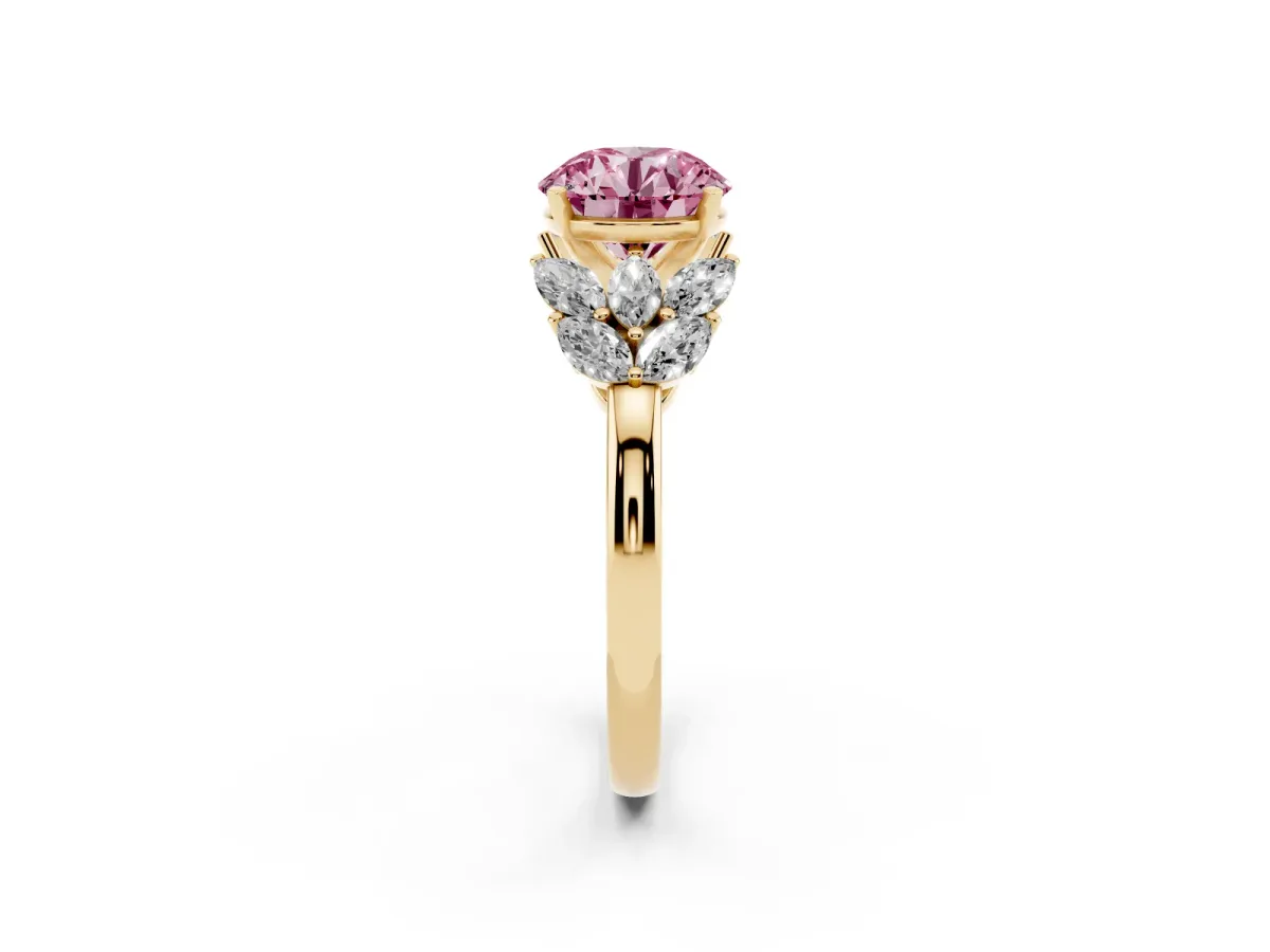 Fancy Pink Round Cut Diamond Cluster Leaf Design Ring with Prong Setting Yellow gold