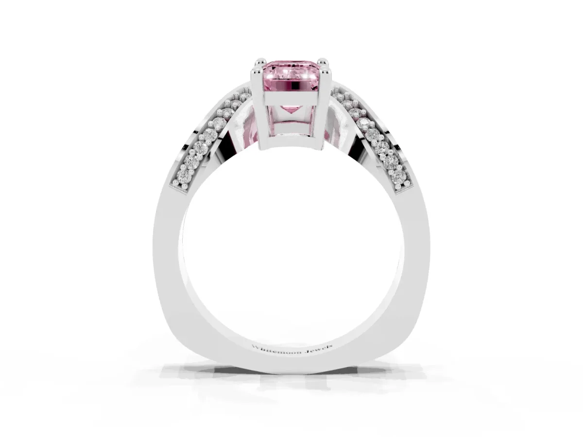 Fancy Pink Emerald Cut Solitaire Diamond Engagement Ring with Pave Band and Four-Prong Setting Platinum