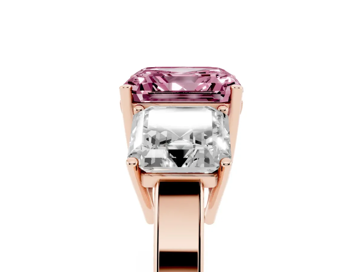 Fancy Pink Three-Stone Asscher Cut Cut Diamond Engagement Ring with Flat Band and Four-Prong Setting Rose gold