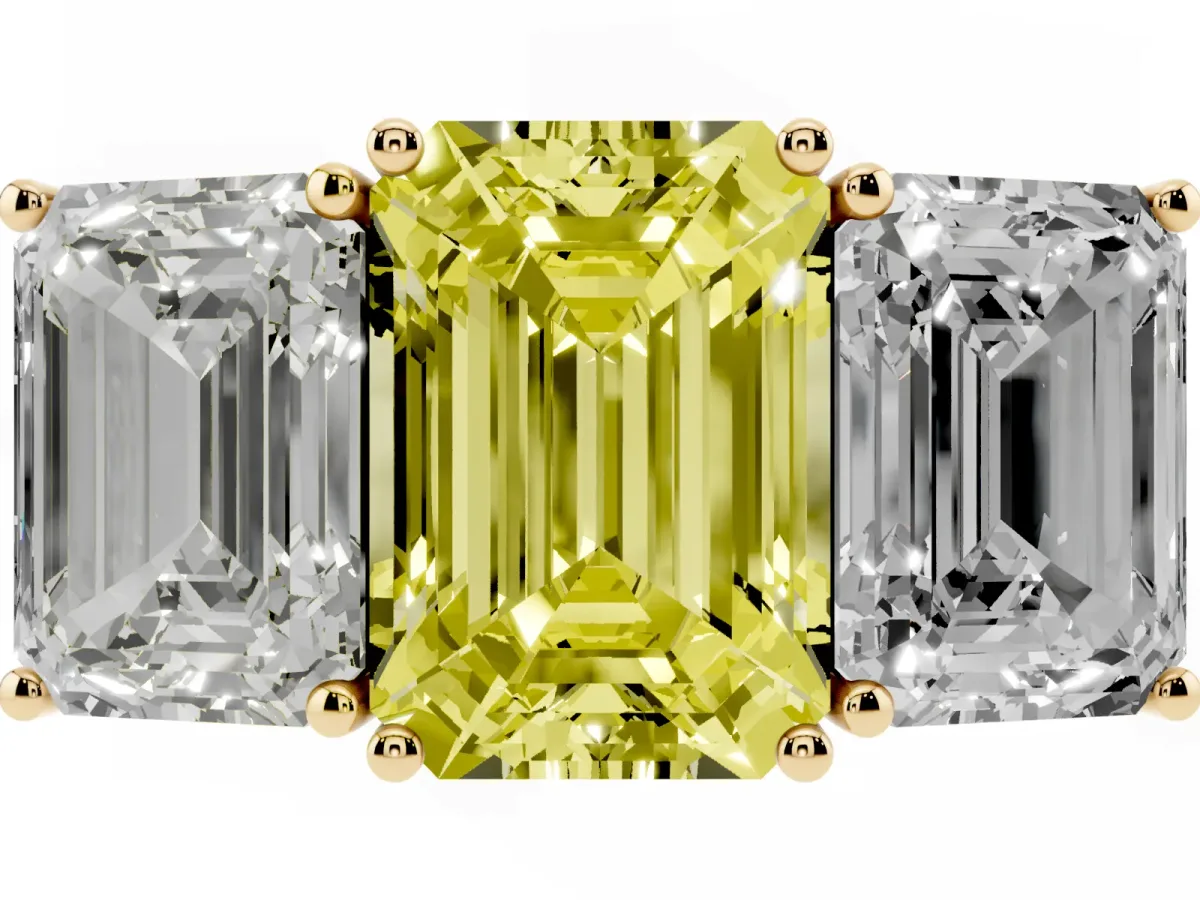 Fancy Yellow Emerald Cut Diamond Three-Stone Ring with Prong Setting and Textured Band Yellow gold