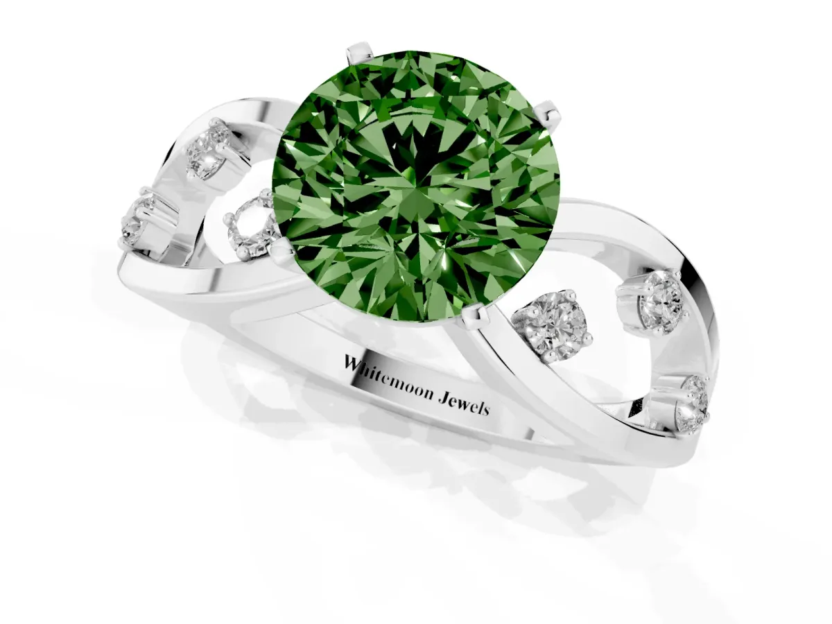 Fancy Green Round Cut Cut Solitaire Diamond with Side Stones on Criss-Cross Band and Four-Prong Setting Platinum