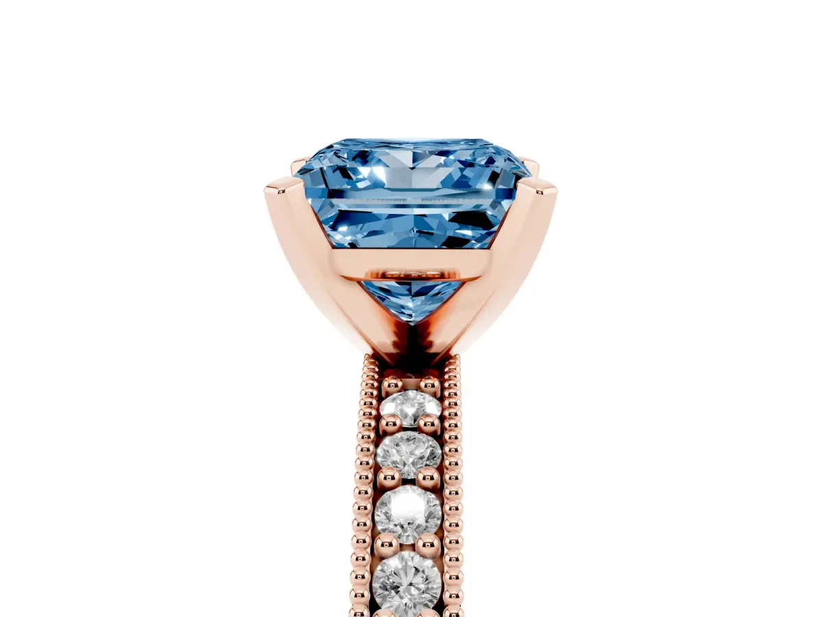 Fancy Blue Princess Cut Diamond Milgrain Pavé Engagement Ring with Four-Prong Setting Rose gold