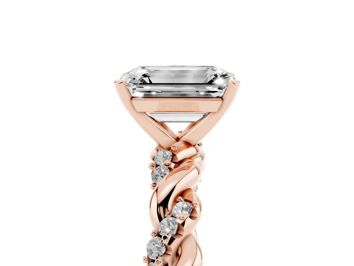 Emerald Cut Diamond Solitaire Ring with Twisted Band and Pavé Accents Rose gold